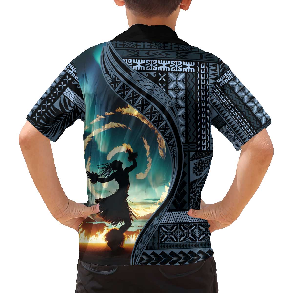 Samoan Siapo Motif and Siva Afi Dance Family Matching Off Shoulder Short Dress and Hawaiian Shirt LT03 - Polynesian Pride