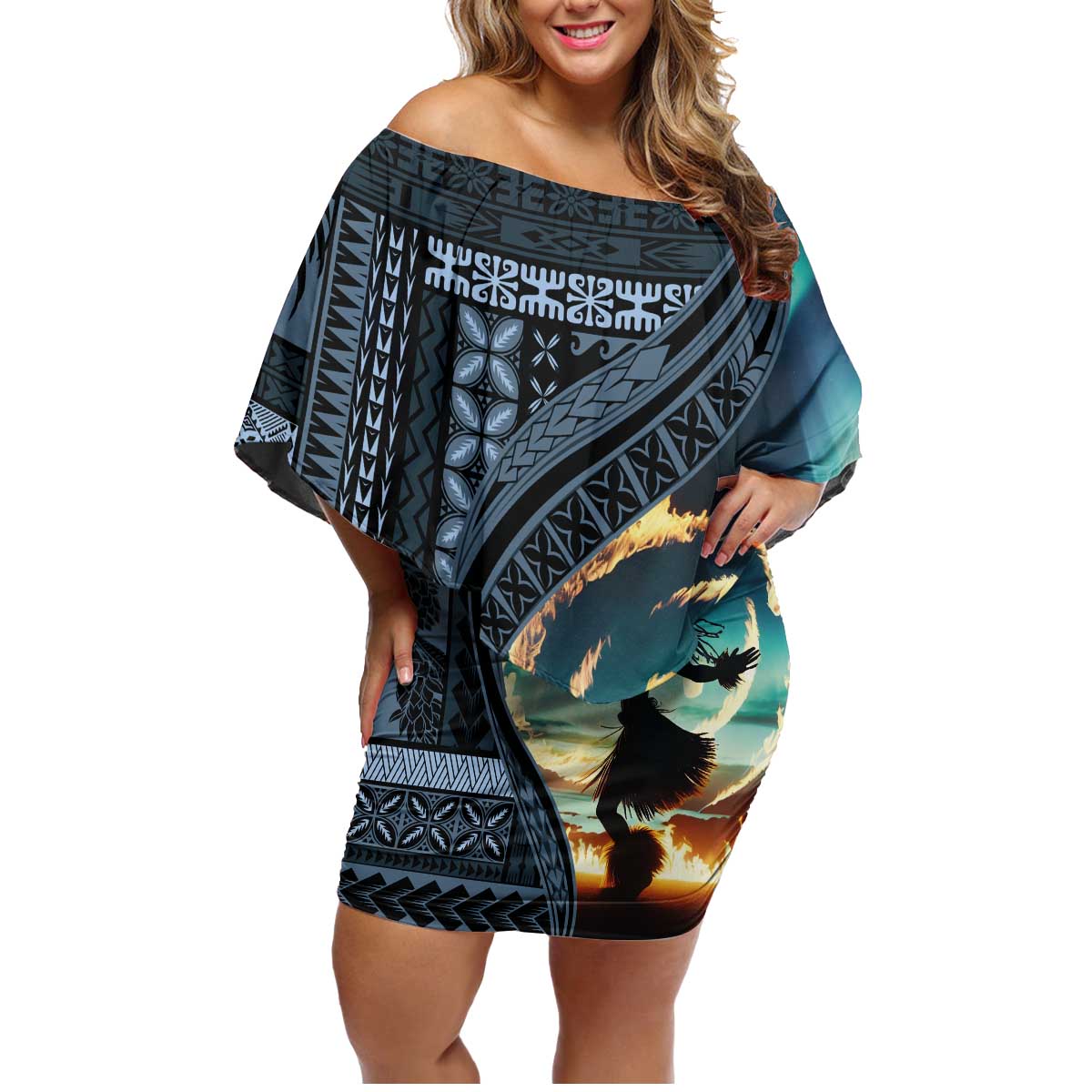 Samoan Siapo Motif and Siva Afi Dance Family Matching Off Shoulder Short Dress and Hawaiian Shirt LT03 Mom's Dress Blue - Polynesian Pride