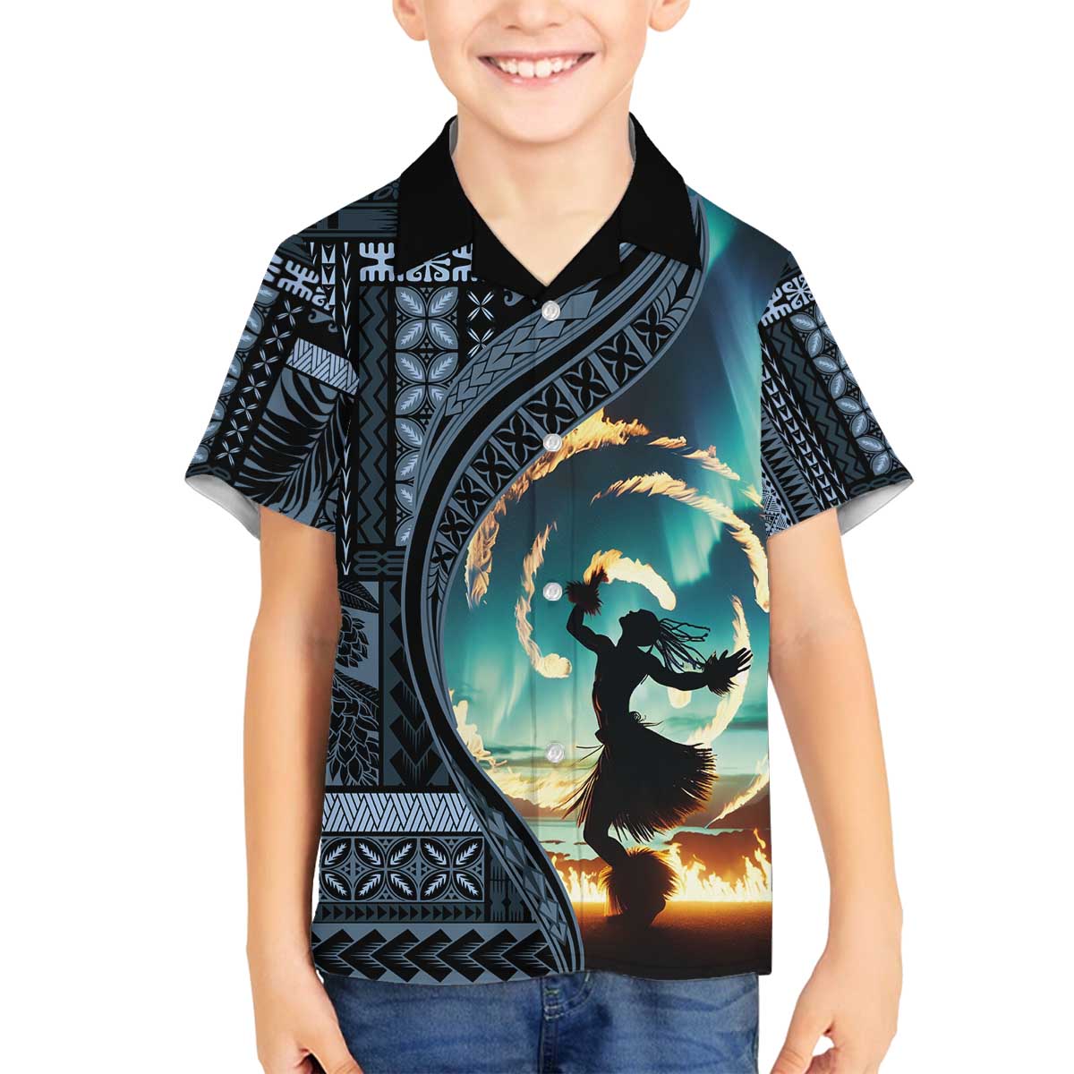 Samoan Siapo Motif and Siva Afi Dance Family Matching Off Shoulder Short Dress and Hawaiian Shirt LT03 Son's Shirt Blue - Polynesian Pride