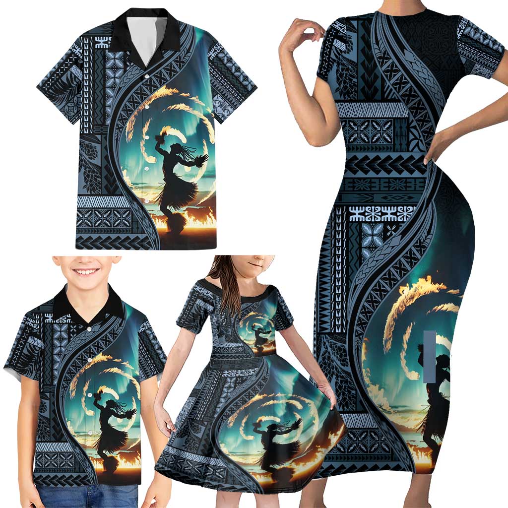 Samoan Siapo Motif and Siva Afi Dance Family Matching Short Sleeve Bodycon Dress and Hawaiian Shirt LT03 - Polynesian Pride