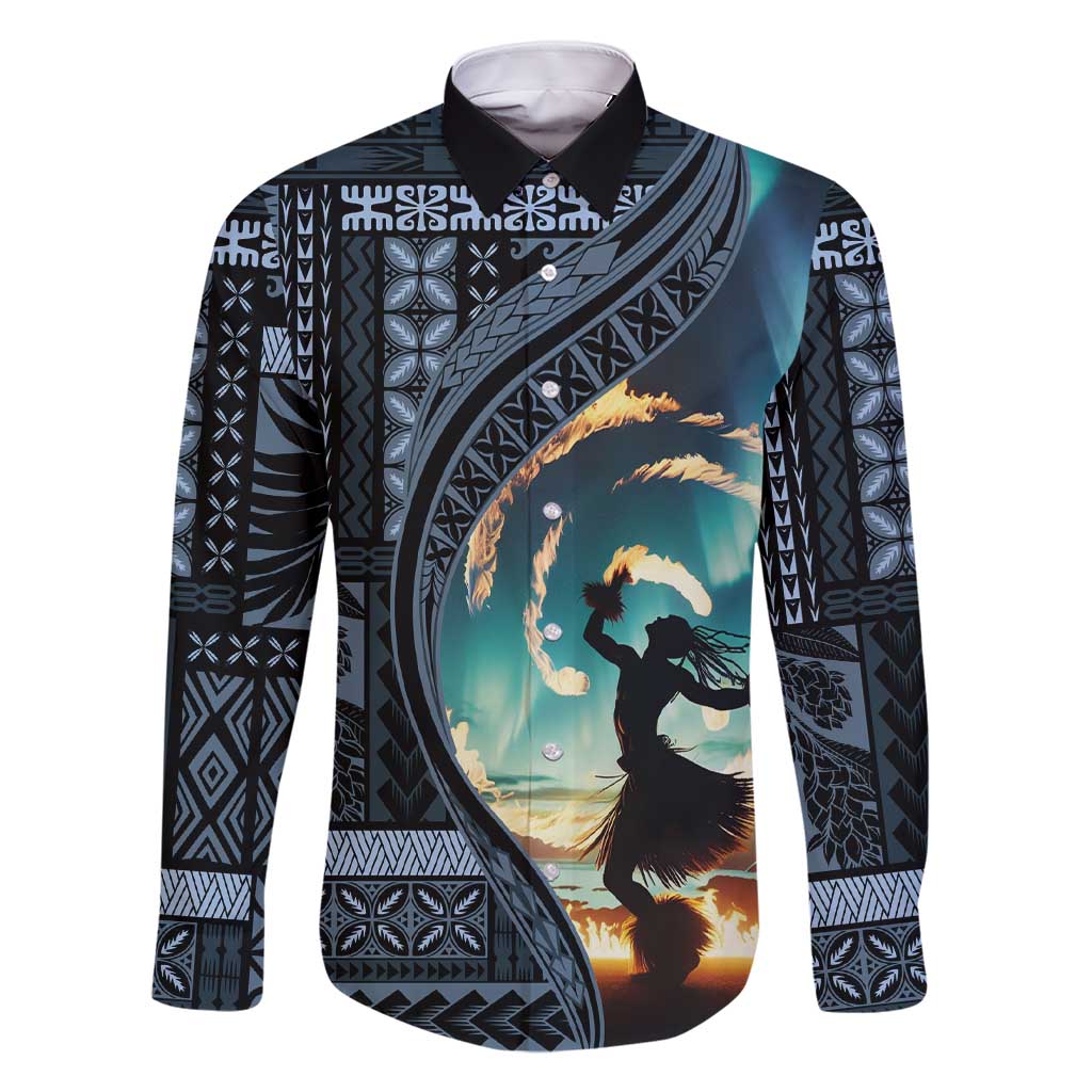 Samoan Siapo Motif and Siva Afi Dance Family Matching Short Sleeve Bodycon Dress and Hawaiian Shirt LT03 Dad's Shirt - Long Sleeve Blue - Polynesian Pride