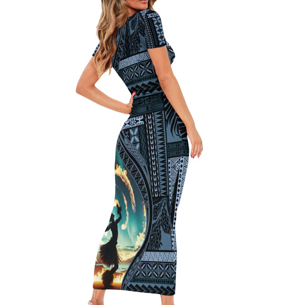 Samoan Siapo Motif and Siva Afi Dance Family Matching Short Sleeve Bodycon Dress and Hawaiian Shirt LT03 - Polynesian Pride