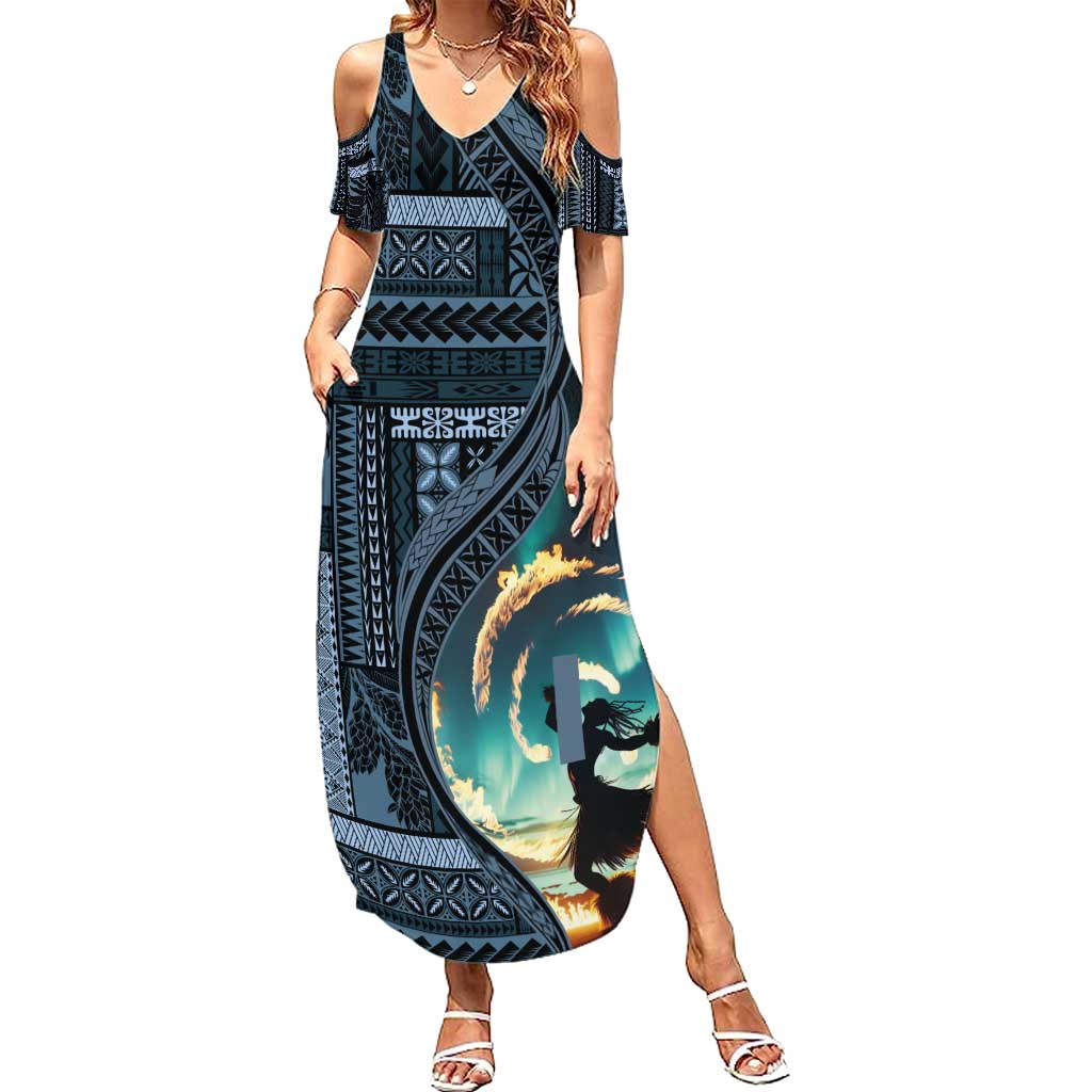 Samoan Siapo Motif and Siva Afi Dance Family Matching Summer Maxi Dress and Hawaiian Shirt LT03 Mom's Dress Blue - Polynesian Pride