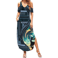 Samoan Siapo Motif and Siva Afi Dance Family Matching Summer Maxi Dress and Hawaiian Shirt LT03 Mom's Dress Blue - Polynesian Pride