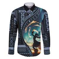 Samoan Siapo Motif and Siva Afi Dance Family Matching Tank Maxi Dress and Hawaiian Shirt LT03 Dad's Shirt - Long Sleeve Blue - Polynesian Pride