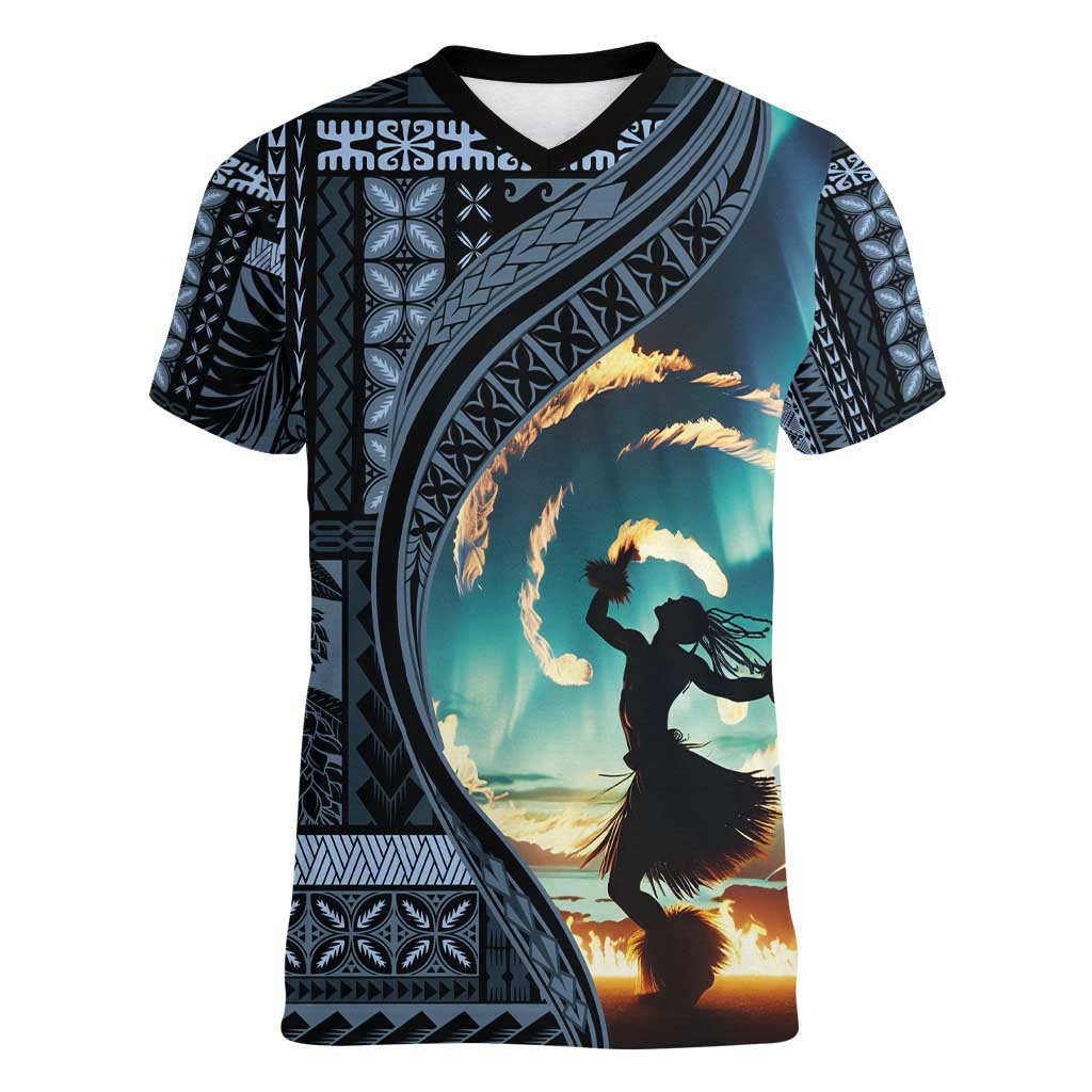 Samoan Siapo Motif and Siva Afi Dance Women V-Neck T-Shirt LT03 Female Blue - Polynesian Pride
