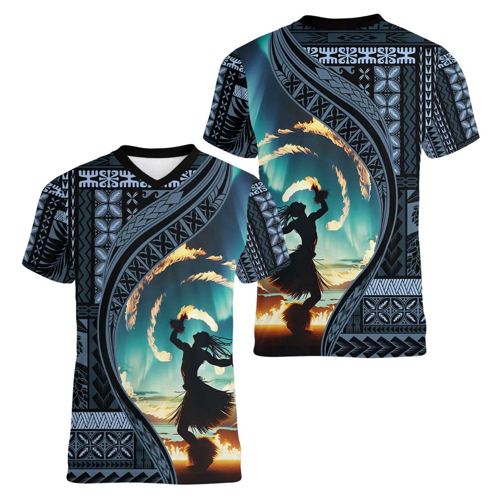 Samoan Siapo Motif and Siva Afi Dance Women V-Neck T-Shirt LT03 - Polynesian Pride
