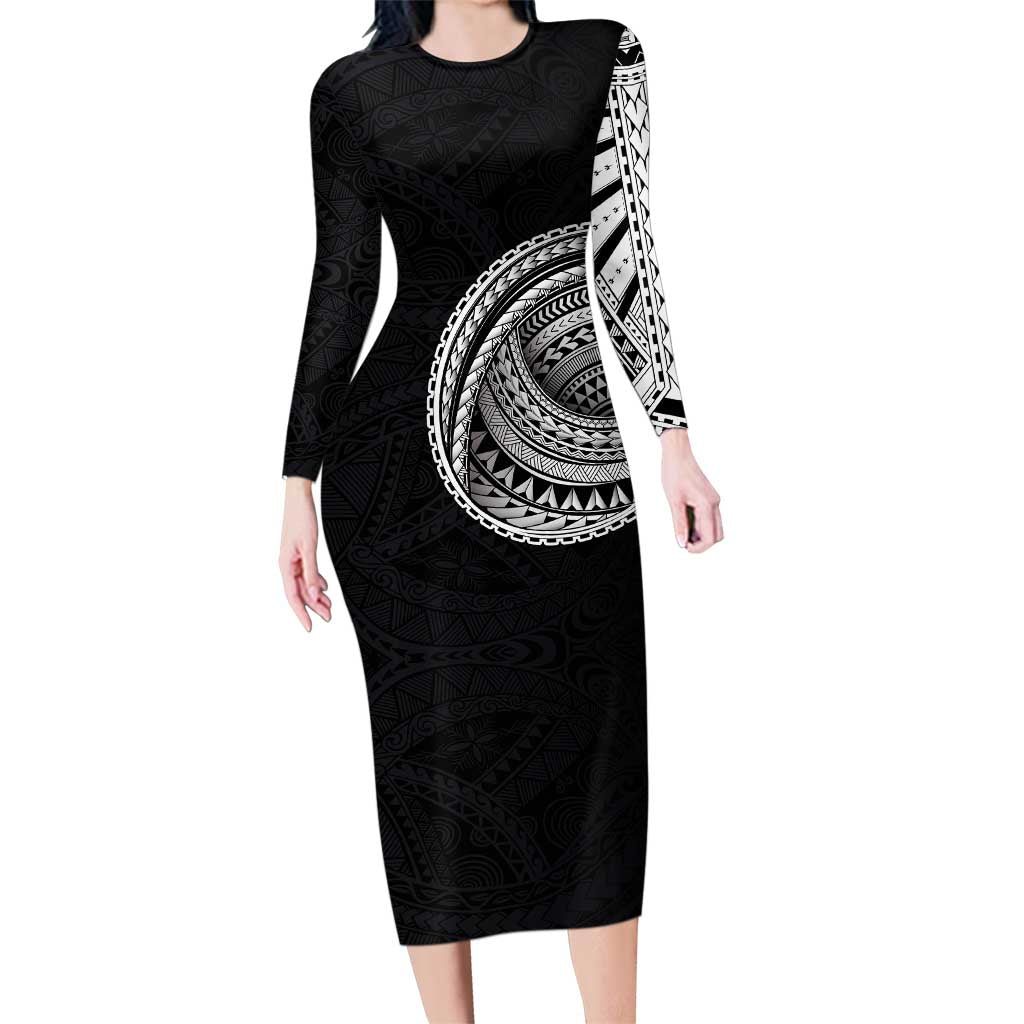 Samoan Art Tattoo Polynesian Pattern Family Matching Long Sleeve Bodycon Dress and Hawaiian Shirt LT03 Mom's Dress Black - Polynesian Pride