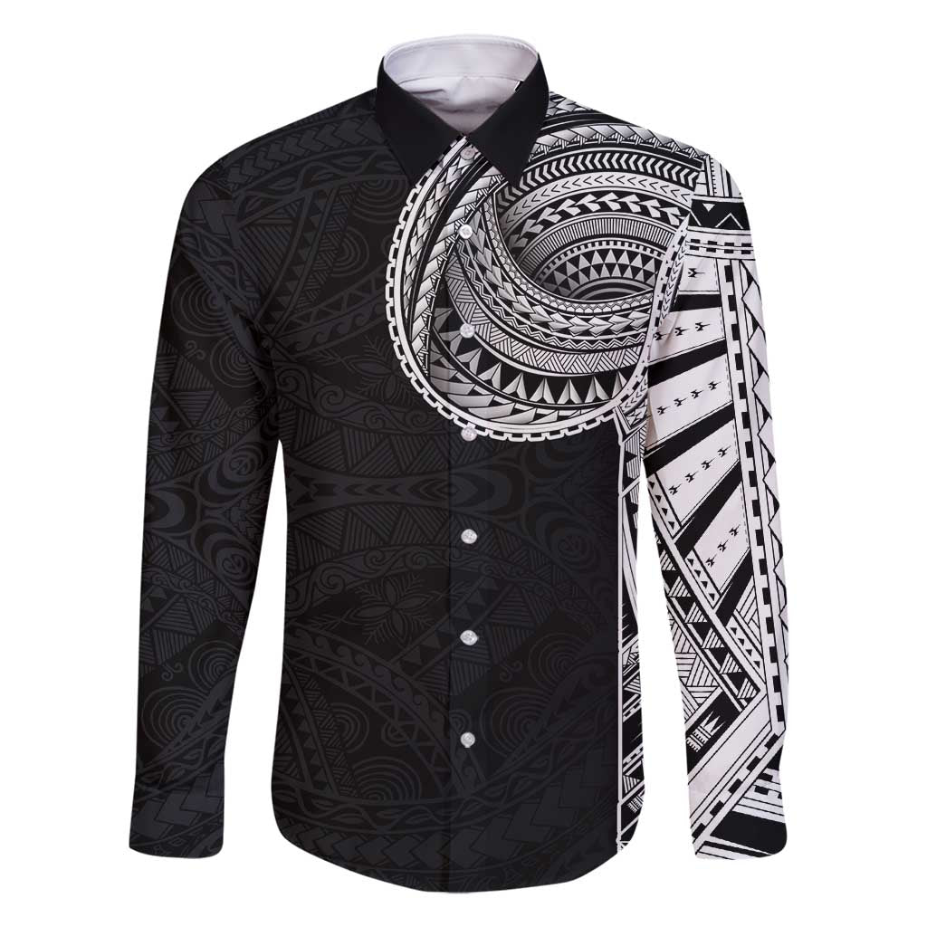 Samoan Art Tattoo Polynesian Pattern Family Matching Mermaid Dress and Hawaiian Shirt LT03 Dad's Shirt - Long Sleeve Black - Polynesian Pride