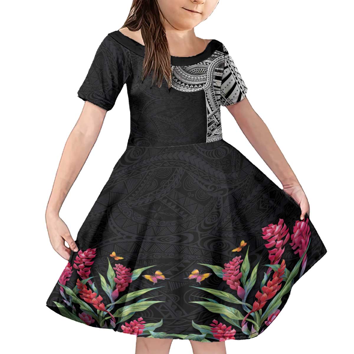 Samoan Art Tattoo Polynesian Pattern Family Matching Off The Shoulder Long Sleeve Dress and Hawaiian Shirt LT03 Daughter's Dress Black - Polynesian Pride