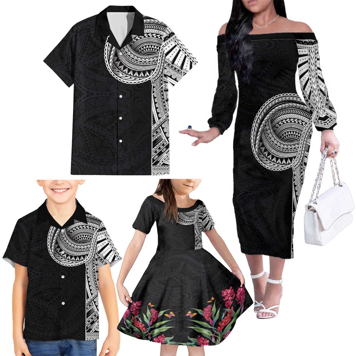 Samoan Art Tattoo Polynesian Pattern Family Matching Off The Shoulder Long Sleeve Dress and Hawaiian Shirt LT03 - Polynesian Pride