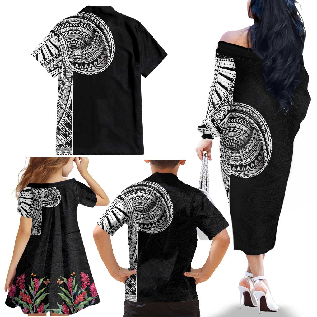 Samoan Art Tattoo Polynesian Pattern Family Matching Off The Shoulder Long Sleeve Dress and Hawaiian Shirt LT03 - Polynesian Pride