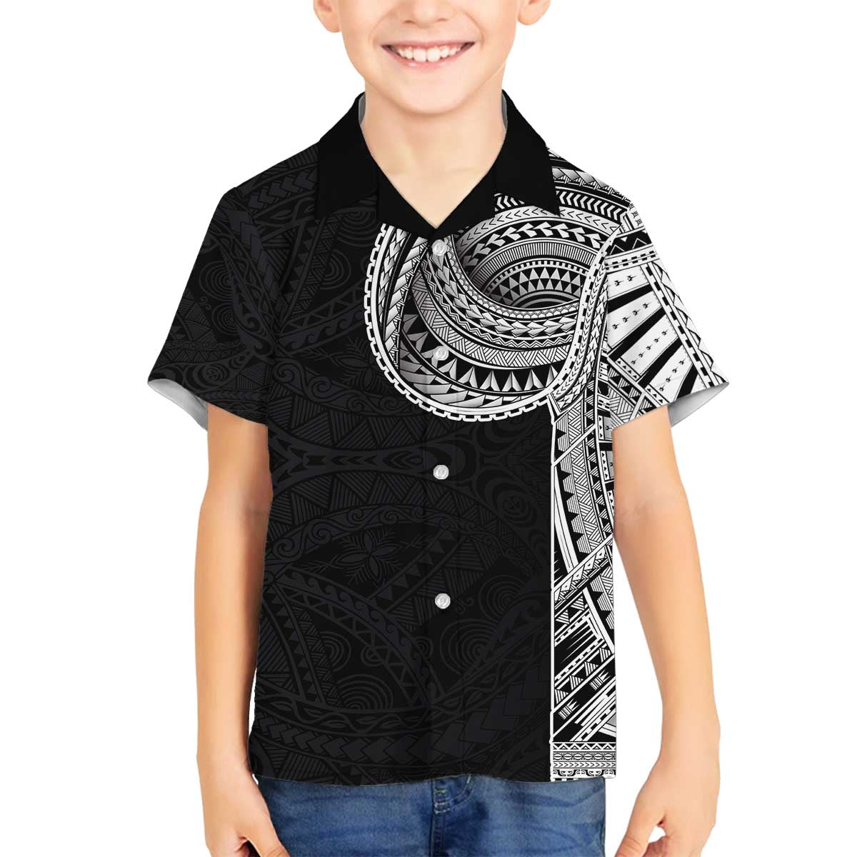 Samoan Art Tattoo Polynesian Pattern Family Matching Off The Shoulder Long Sleeve Dress and Hawaiian Shirt LT03 Son's Shirt Black - Polynesian Pride
