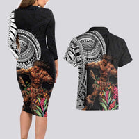 Samoan Warrior Art Tattoo Couples Matching Long Sleeve Bodycon Dress and Hawaiian Shirt Polynesian Pattern and Teuila LT03 - Polynesian Pride