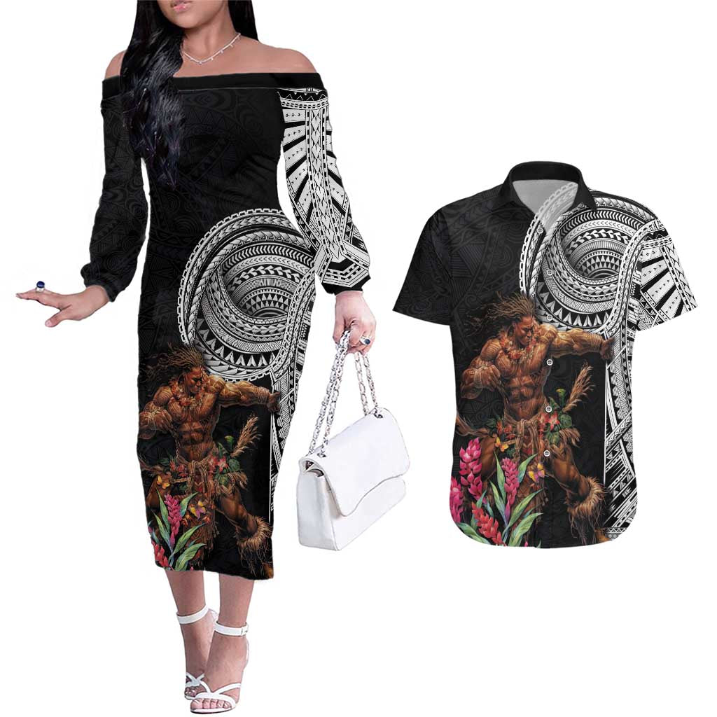 Samoan Warrior Art Tattoo Couples Matching Off The Shoulder Long Sleeve Dress and Hawaiian Shirt Polynesian Pattern and Teuila LT03 Black - Polynesian Pride