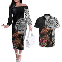 Samoan Warrior Art Tattoo Couples Matching Off The Shoulder Long Sleeve Dress and Hawaiian Shirt Polynesian Pattern and Teuila LT03 Black - Polynesian Pride