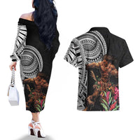 Samoan Warrior Art Tattoo Couples Matching Off The Shoulder Long Sleeve Dress and Hawaiian Shirt Polynesian Pattern and Teuila LT03 - Polynesian Pride