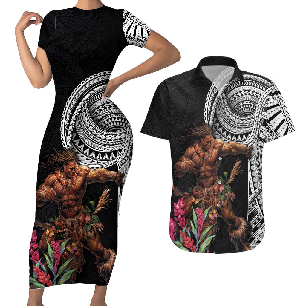 Samoan Warrior Art Tattoo Couples Matching Short Sleeve Bodycon Dress and Hawaiian Shirt Polynesian Pattern and Teuila LT03 Black - Polynesian Pride