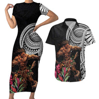 Samoan Warrior Art Tattoo Couples Matching Short Sleeve Bodycon Dress and Hawaiian Shirt Polynesian Pattern and Teuila LT03 Black - Polynesian Pride