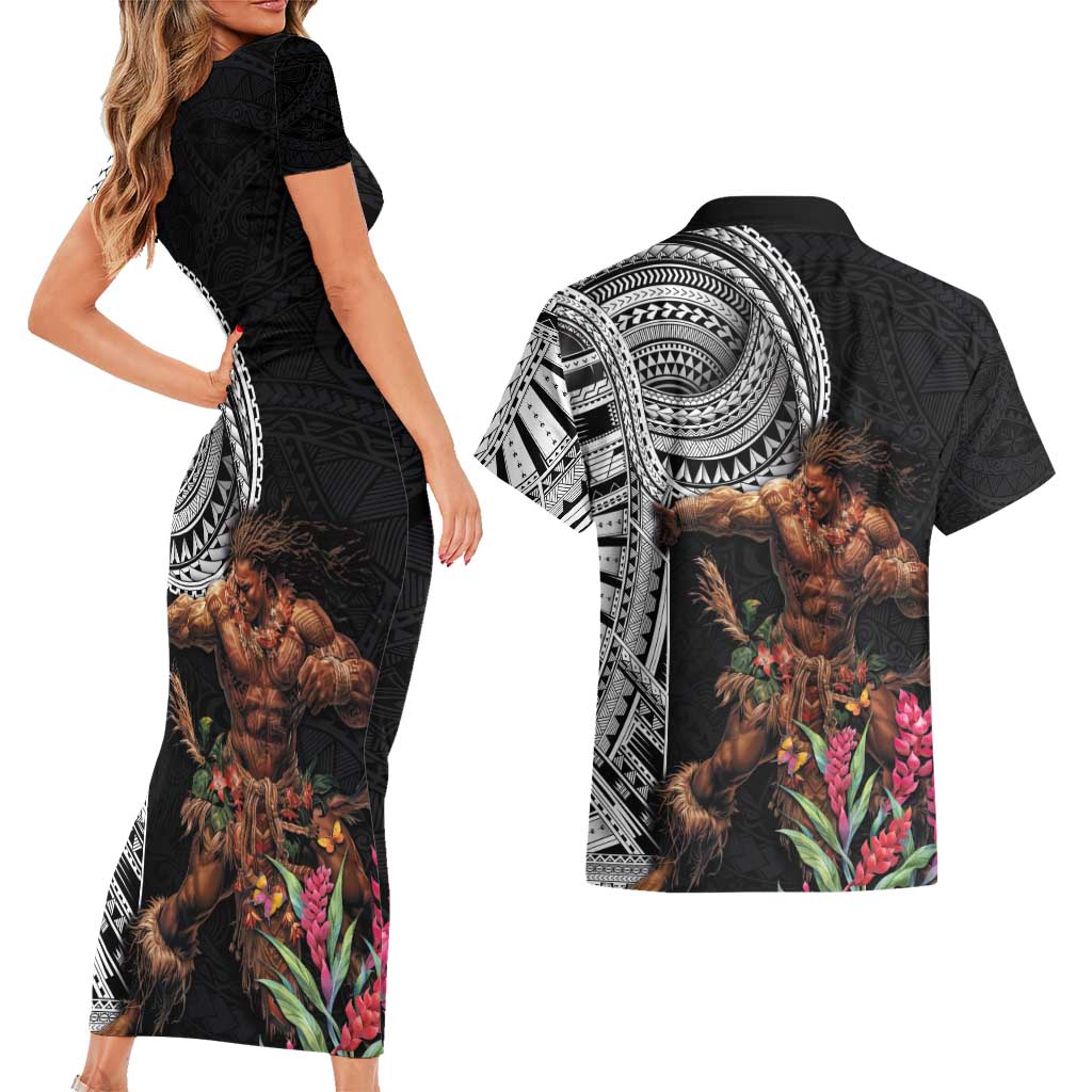 Samoan Warrior Art Tattoo Couples Matching Short Sleeve Bodycon Dress and Hawaiian Shirt Polynesian Pattern and Teuila LT03 - Polynesian Pride