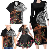 Samoan Warrior Art Tattoo Family Matching Long Sleeve Bodycon Dress and Hawaiian Shirt Polynesian Pattern and Teuila LT03 - Polynesian Pride
