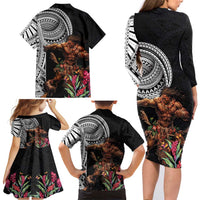 Samoan Warrior Art Tattoo Family Matching Long Sleeve Bodycon Dress and Hawaiian Shirt Polynesian Pattern and Teuila LT03 - Polynesian Pride