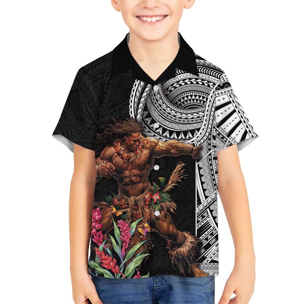 Samoan Warrior Art Tattoo Family Matching Long Sleeve Bodycon Dress and Hawaiian Shirt Polynesian Pattern and Teuila LT03 Son's Shirt Black - Polynesian Pride