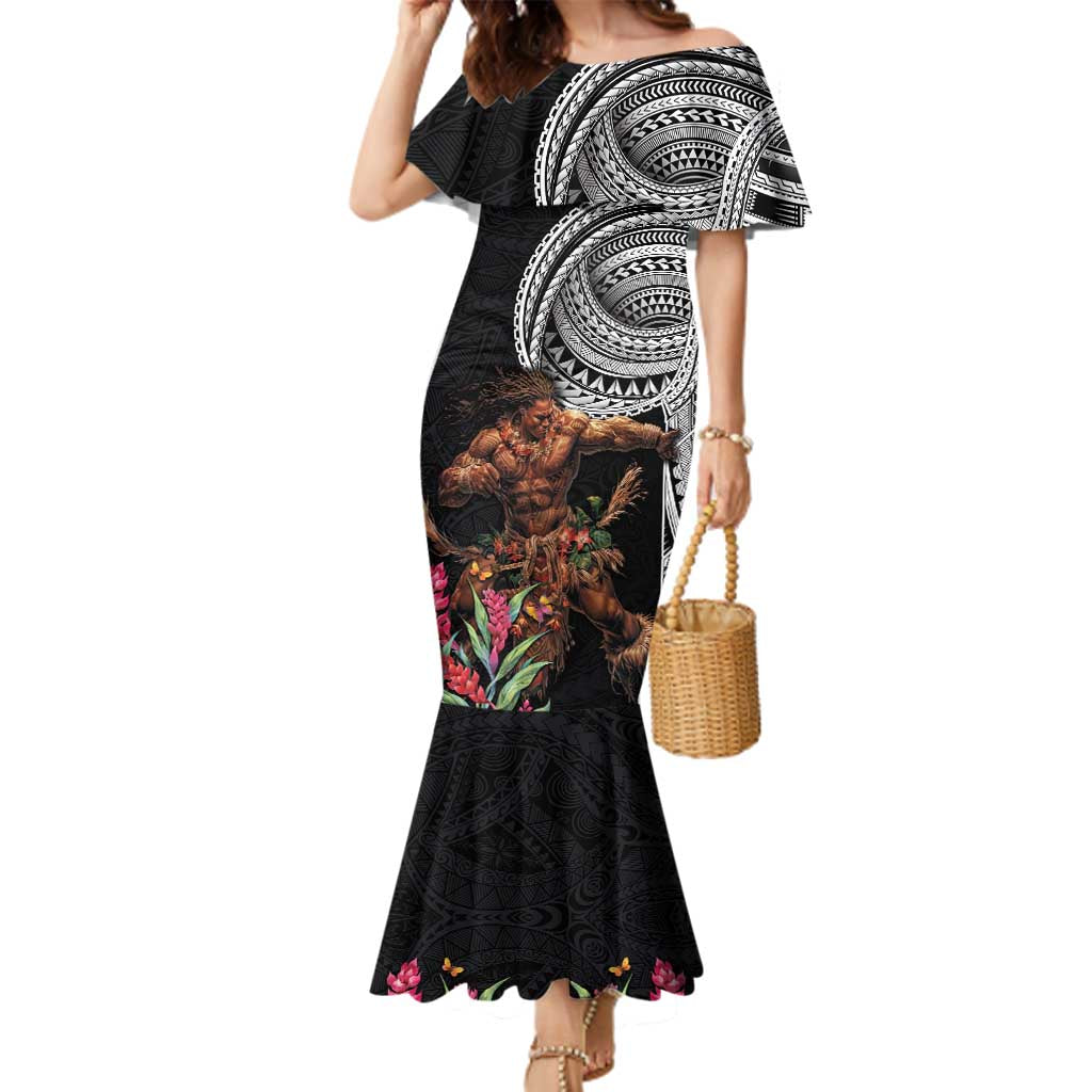 Samoan Warrior Art Tattoo Family Matching Mermaid Dress and Hawaiian Shirt Polynesian Pattern and Teuila LT03 Mom's Dress Black - Polynesian Pride