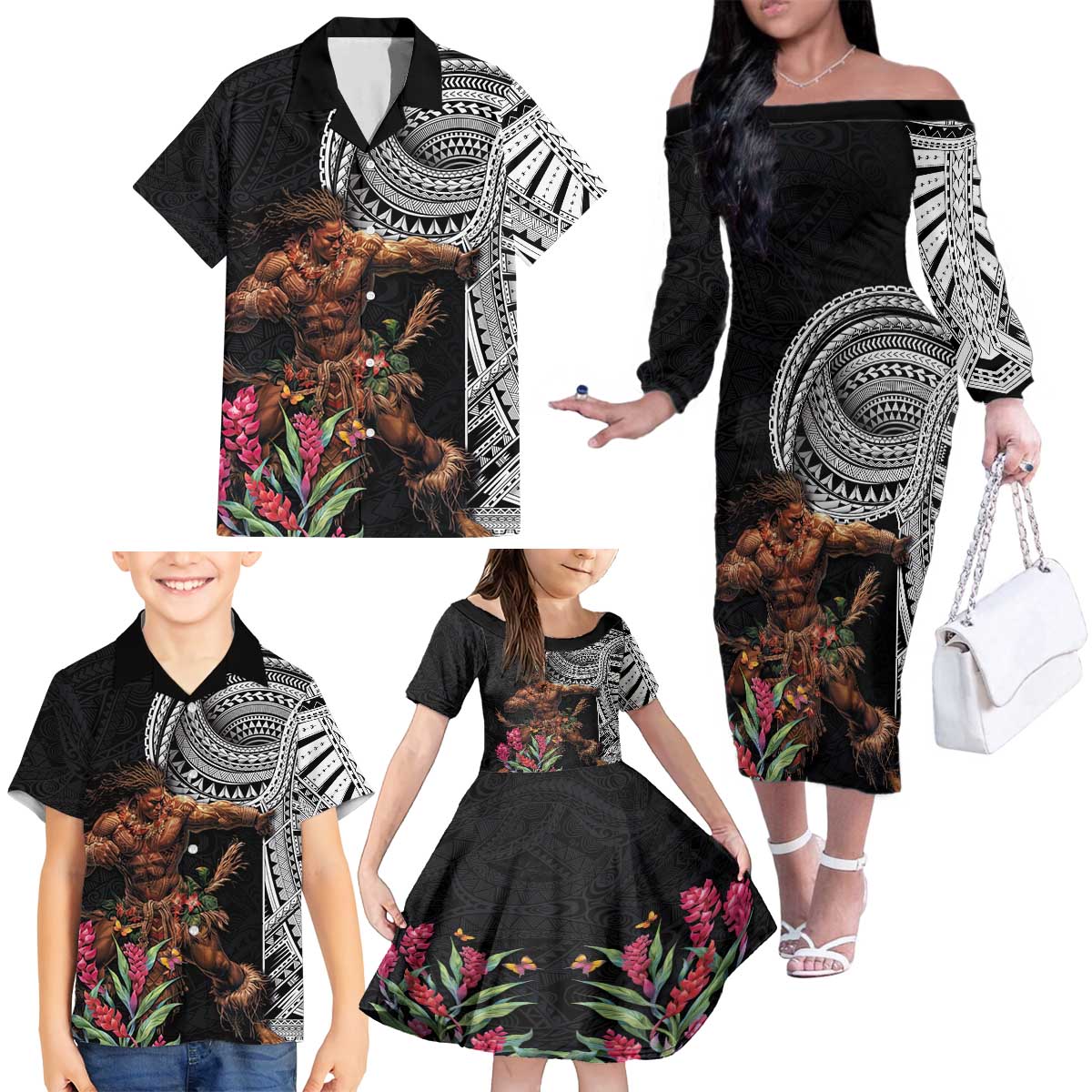 Samoan Warrior Art Tattoo Family Matching Off The Shoulder Long Sleeve Dress and Hawaiian Shirt Polynesian Pattern and Teuila LT03 - Polynesian Pride