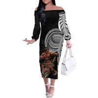 Samoan Warrior Art Tattoo Family Matching Off The Shoulder Long Sleeve Dress and Hawaiian Shirt Polynesian Pattern and Teuila LT03 Mom's Dress Black - Polynesian Pride