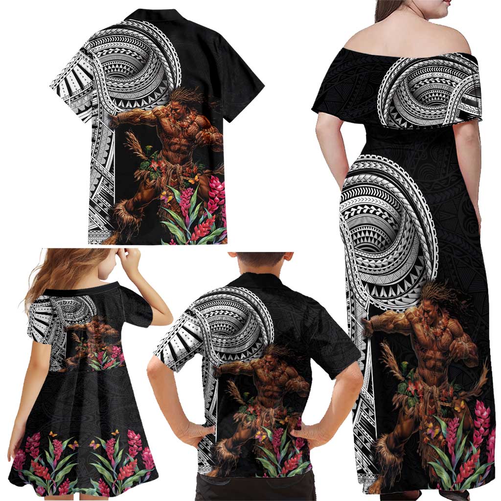 Samoan Warrior Art Tattoo Family Matching Off Shoulder Maxi Dress and Hawaiian Shirt Polynesian Pattern and Teuila LT03 - Polynesian Pride