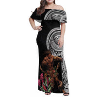 Samoan Warrior Art Tattoo Family Matching Off Shoulder Maxi Dress and Hawaiian Shirt Polynesian Pattern and Teuila LT03 Mom's Dress Black - Polynesian Pride
