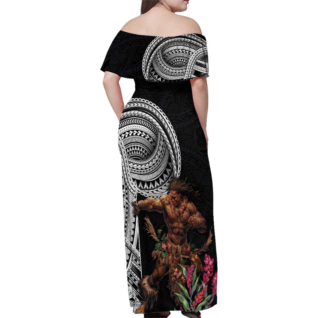 Samoan Warrior Art Tattoo Family Matching Off Shoulder Maxi Dress and Hawaiian Shirt Polynesian Pattern and Teuila LT03 - Polynesian Pride