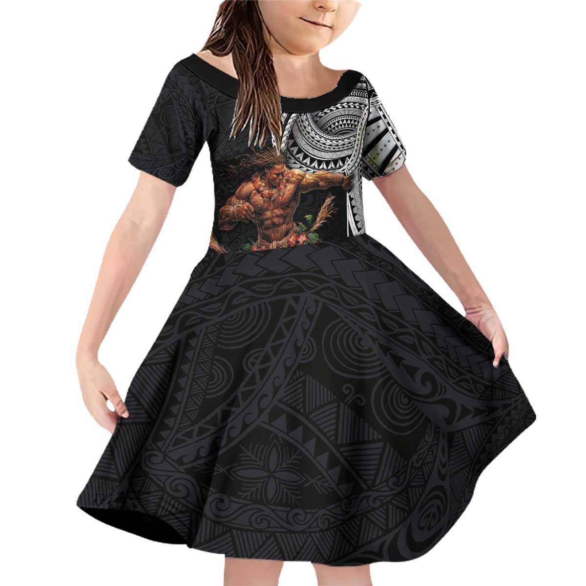 Samoan Warrior Art Tattoo Family Matching Off Shoulder Short Dress and Hawaiian Shirt Polynesian Pattern and Teuila LT03 Daughter's Dress Black - Polynesian Pride