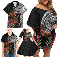 Samoan Warrior Art Tattoo Family Matching Off Shoulder Short Dress and Hawaiian Shirt Polynesian Pattern and Teuila LT03 - Polynesian Pride