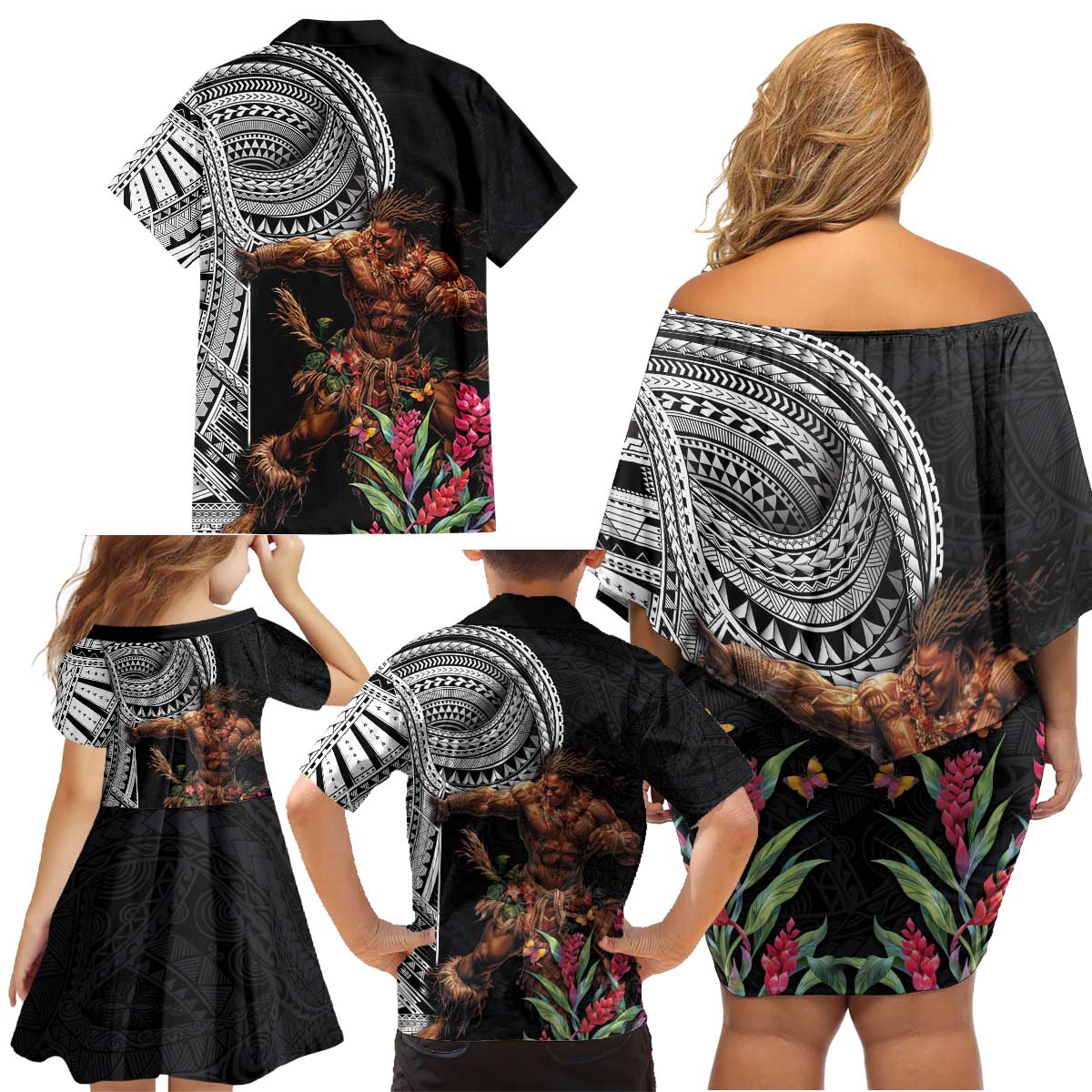Samoan Warrior Art Tattoo Family Matching Off Shoulder Short Dress and Hawaiian Shirt Polynesian Pattern and Teuila LT03 - Polynesian Pride