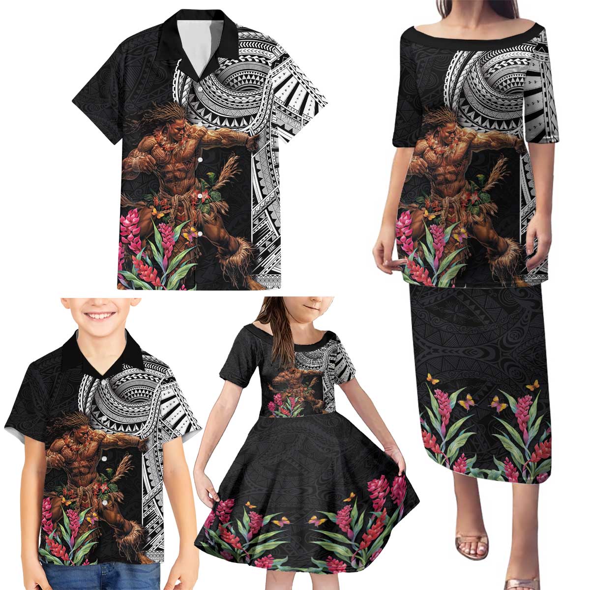 Samoan Warrior Art Tattoo Family Matching Puletasi and Hawaiian Shirt Polynesian Pattern and Teuila LT03 - Polynesian Pride