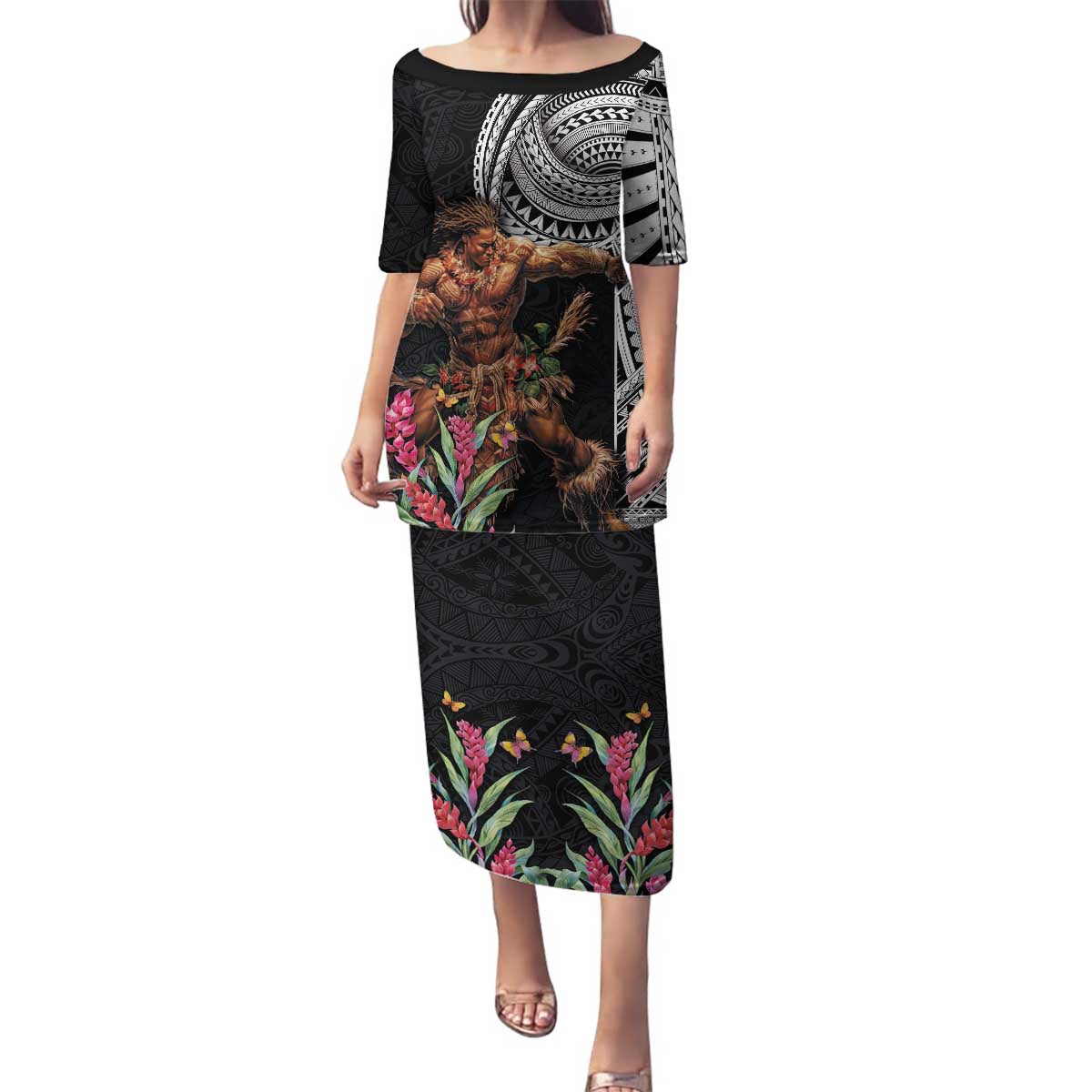 Samoan Warrior Art Tattoo Family Matching Puletasi and Hawaiian Shirt Polynesian Pattern and Teuila LT03 Mom's Dress Black - Polynesian Pride