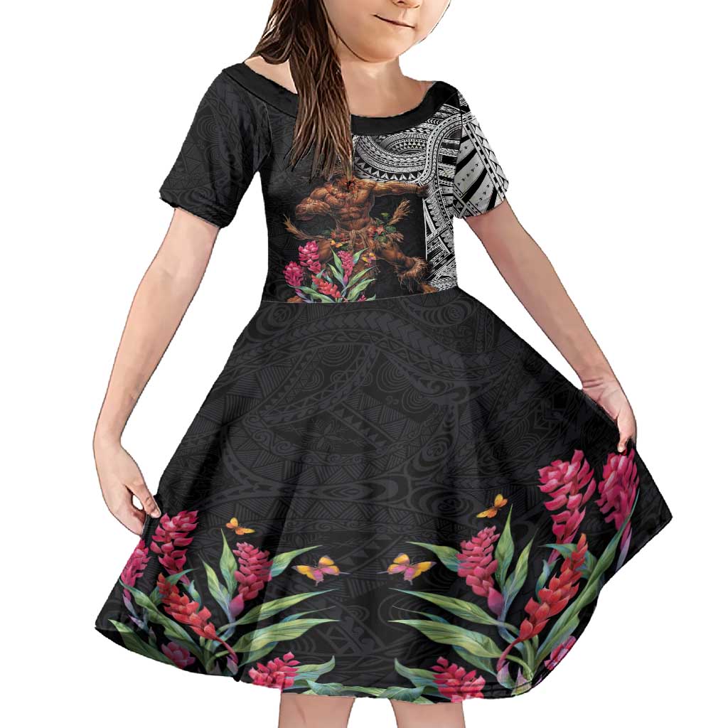 Samoan Warrior Art Tattoo Family Matching Short Sleeve Bodycon Dress and Hawaiian Shirt Polynesian Pattern and Teuila LT03 Daughter's Dress Black - Polynesian Pride