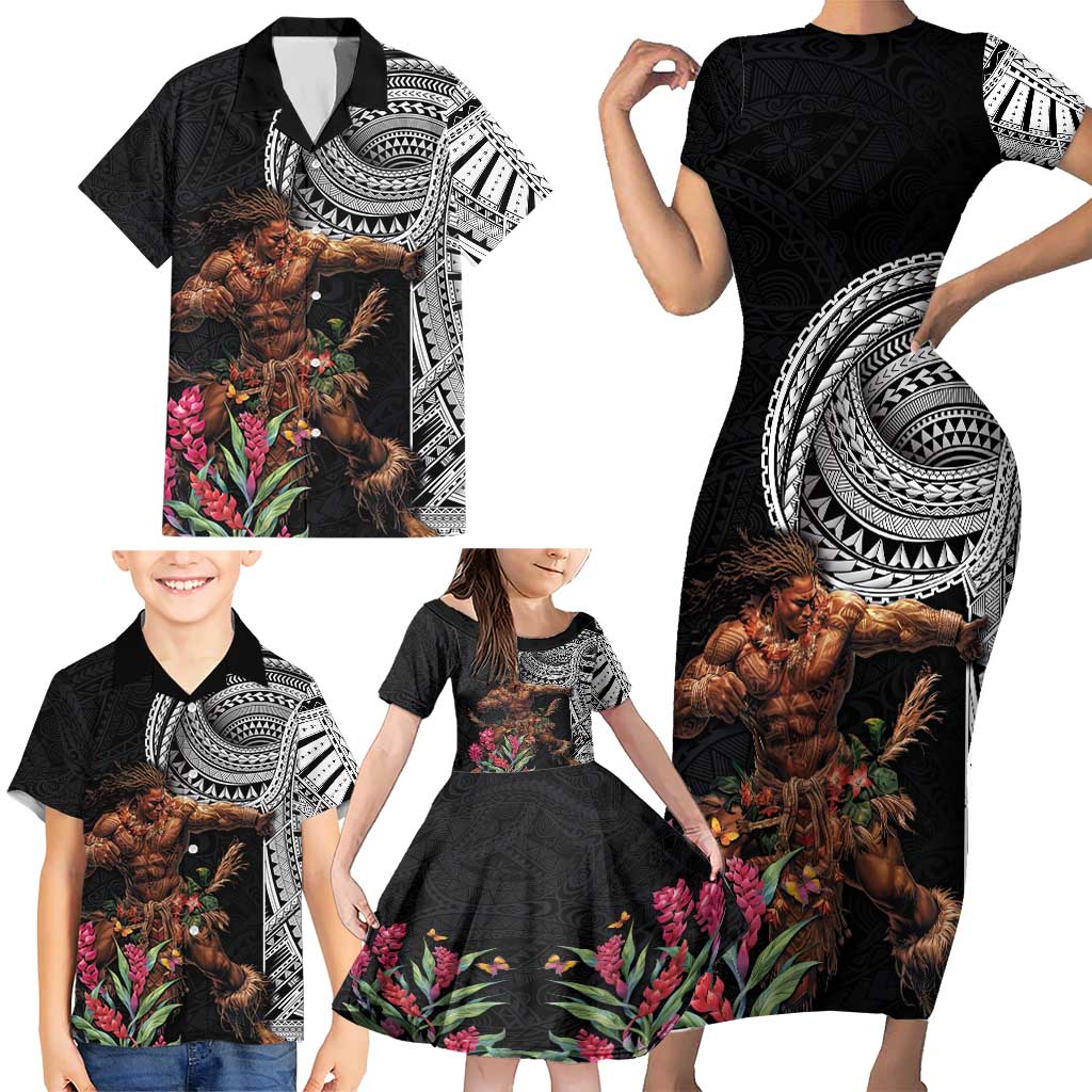 Samoan Warrior Art Tattoo Family Matching Short Sleeve Bodycon Dress and Hawaiian Shirt Polynesian Pattern and Teuila LT03 - Polynesian Pride