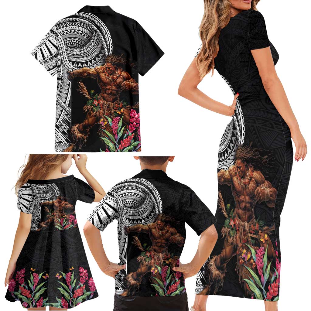 Samoan Warrior Art Tattoo Family Matching Short Sleeve Bodycon Dress and Hawaiian Shirt Polynesian Pattern and Teuila LT03 - Polynesian Pride