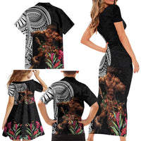 Samoan Warrior Art Tattoo Family Matching Short Sleeve Bodycon Dress and Hawaiian Shirt Polynesian Pattern and Teuila LT03 - Polynesian Pride