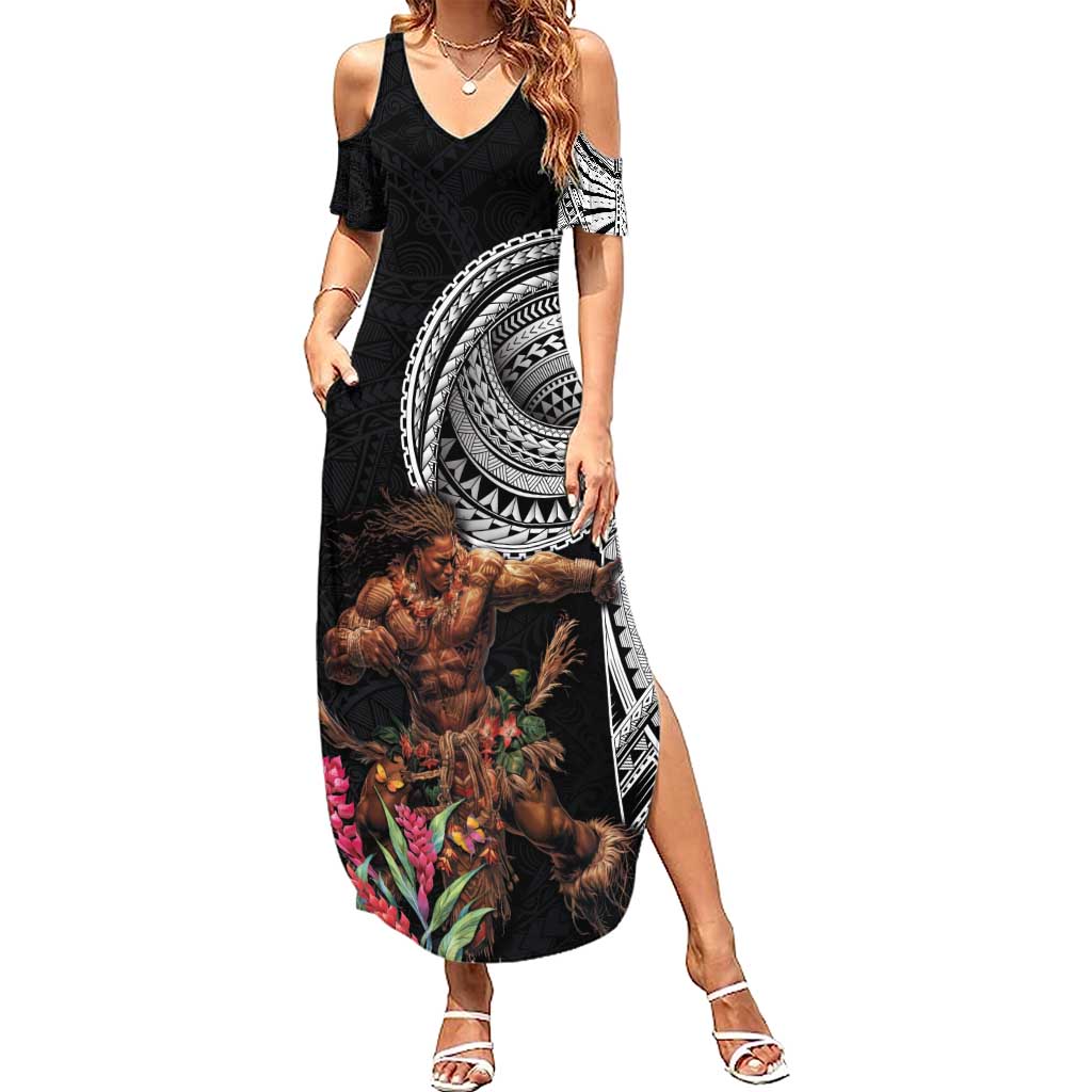 Samoan Warrior Art Tattoo Family Matching Summer Maxi Dress and Hawaiian Shirt Polynesian Pattern and Teuila LT03 Mom's Dress Black - Polynesian Pride
