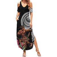 Samoan Warrior Art Tattoo Family Matching Summer Maxi Dress and Hawaiian Shirt Polynesian Pattern and Teuila LT03 Mom's Dress Black - Polynesian Pride
