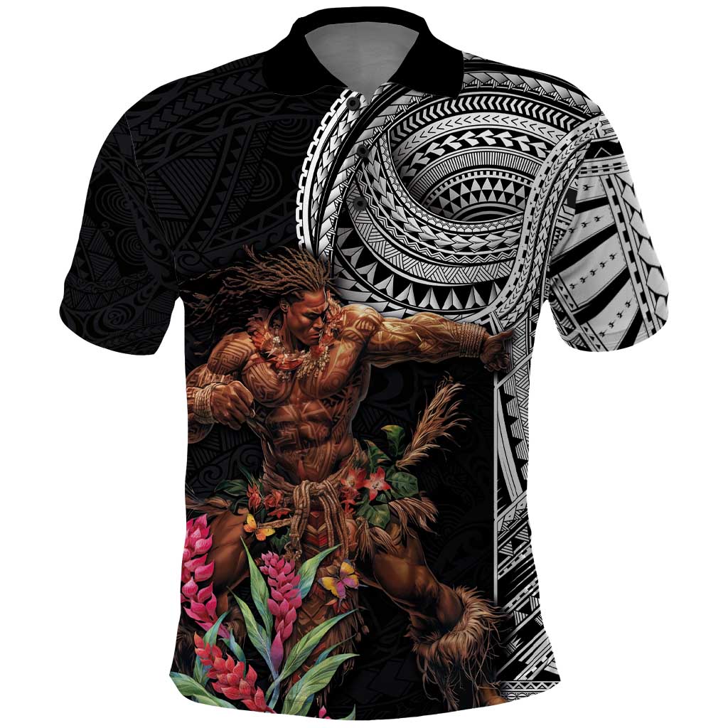 Samoan Warrior Art Tattoo Polo Shirt Polynesian Pattern and Teuila LT03 Black - Polynesian Pride