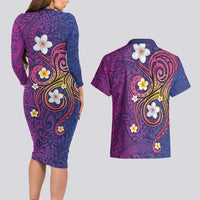 Hawaiian Octopus Tattoo and Frangipani Couples Matching Long Sleeve Bodycon Dress and Hawaiian Shirt LT03 - Polynesian Pride