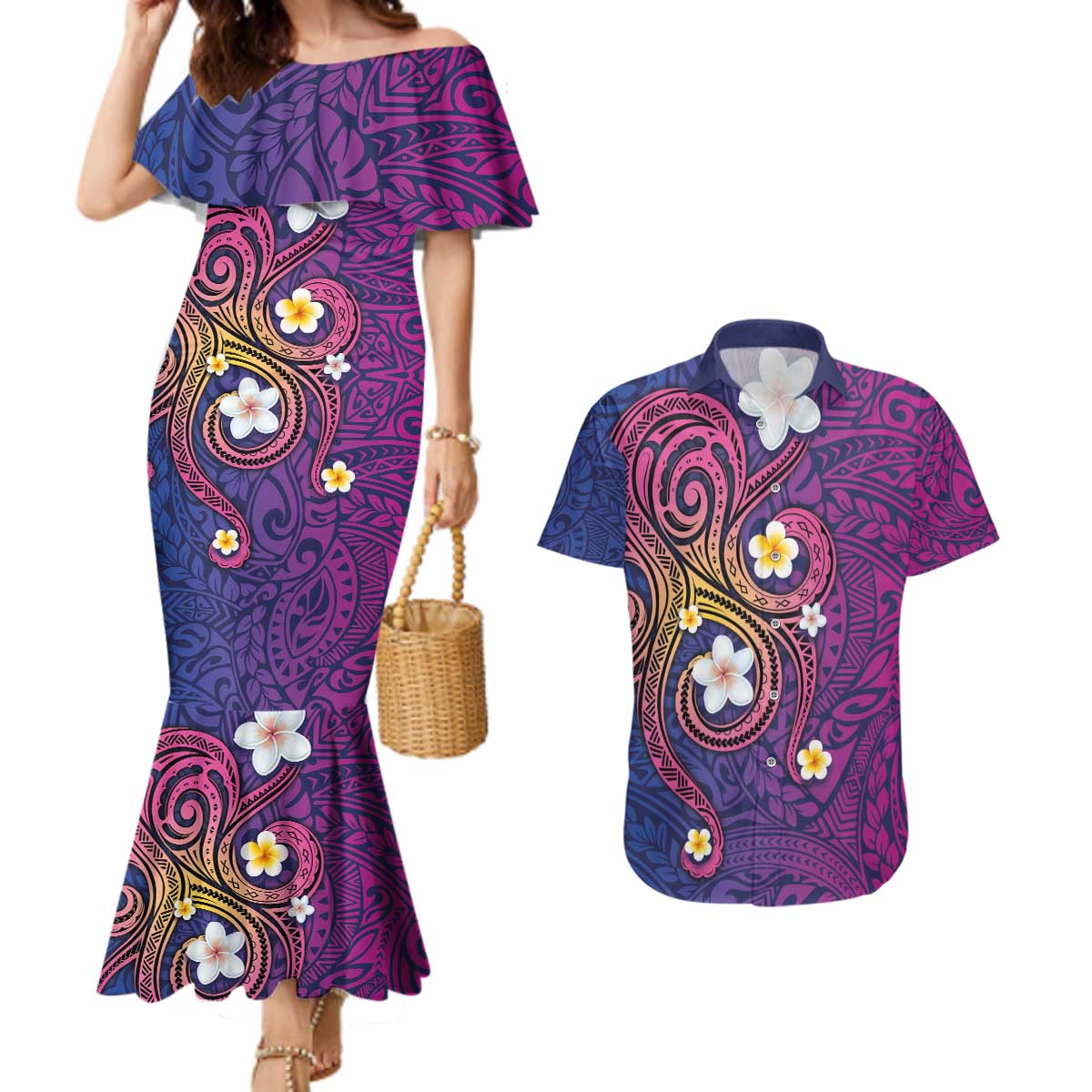 Hawaiian Octopus Tattoo and Frangipani Couples Matching Mermaid Dress and Hawaiian Shirt LT03 Purple - Polynesian Pride