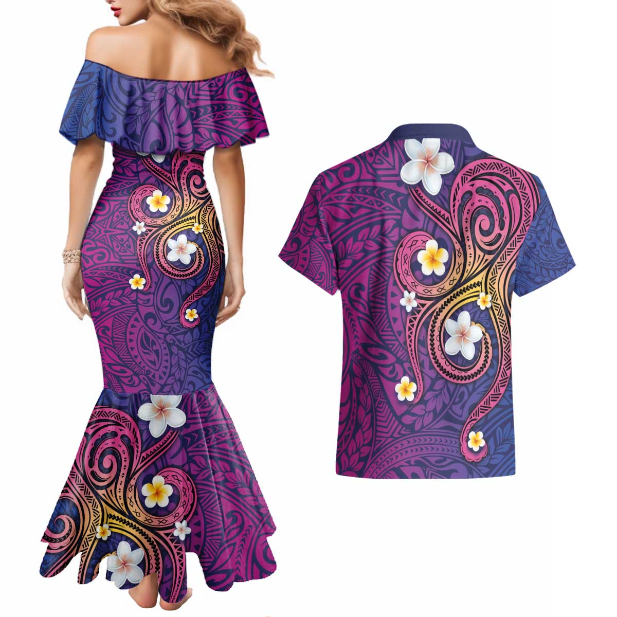 Hawaiian Octopus Tattoo and Frangipani Couples Matching Mermaid Dress and Hawaiian Shirt LT03 - Polynesian Pride