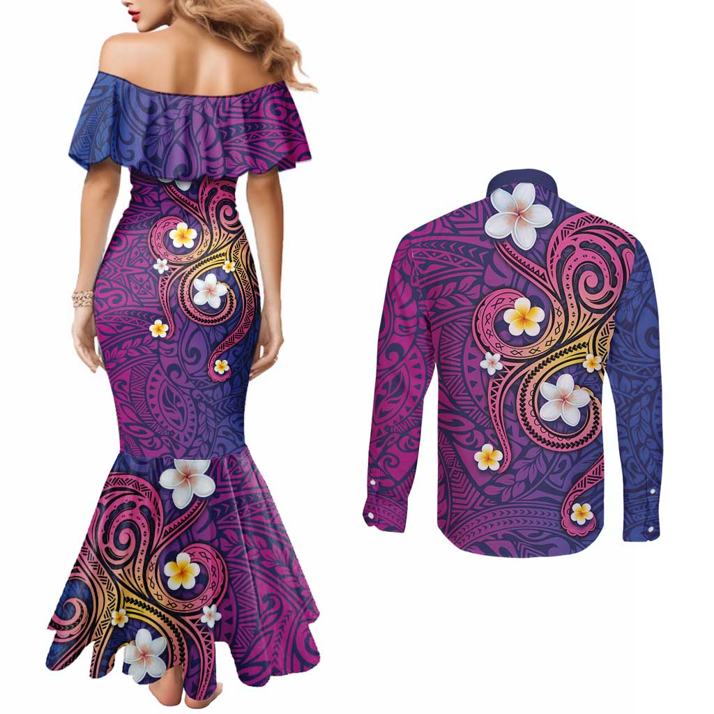 Hawaiian Octopus Tattoo and Frangipani Couples Matching Mermaid Dress and Long Sleeve Button Shirt