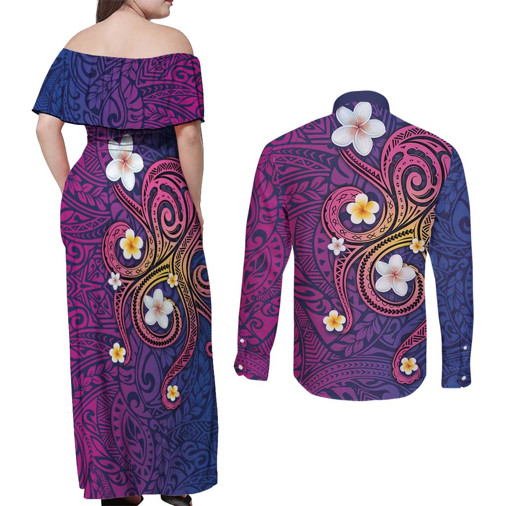Hawaiian Octopus Tattoo and Frangipani Couples Matching Off Shoulder Maxi Dress and Long Sleeve Button Shirt